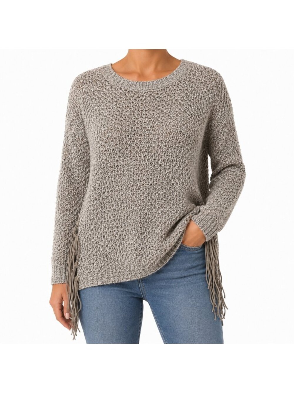 Zaria Grey Beige Fringe Boho Sweater - Medium
